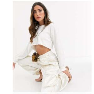 Missguided Satin Wide Leg Cream Cargo Pants